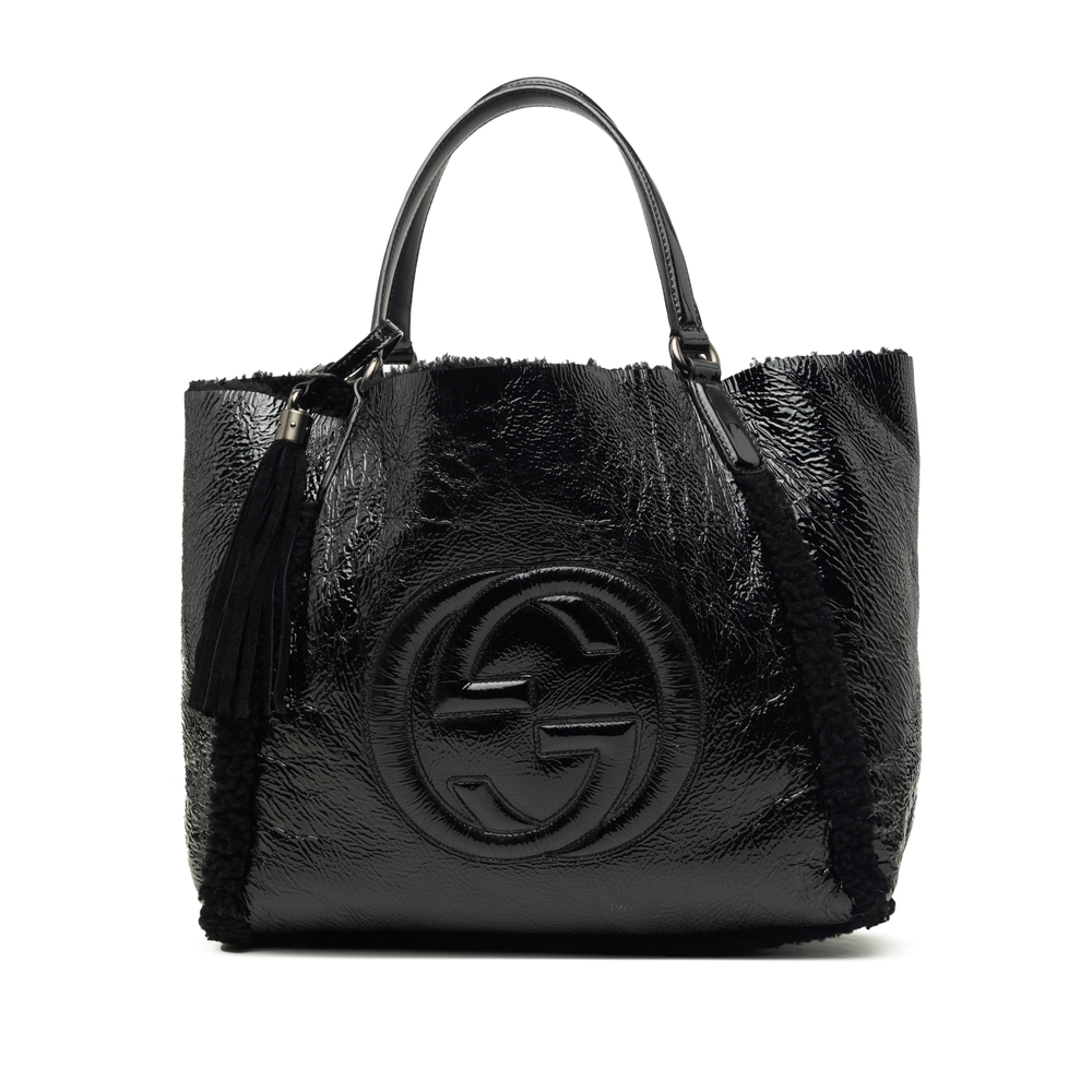 Pre-Loved Gucci Medium Shearling Trimmed Patent Soho Cellarius Tote